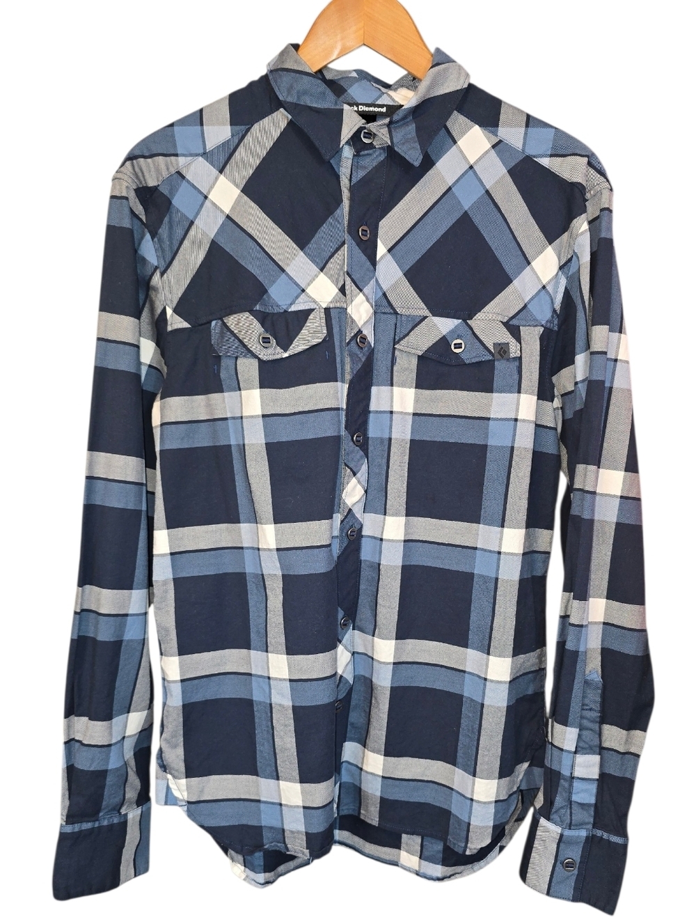 Black Diamond Plaid Button Down Shirt Organic Cotton Stretch Blue Size Medium